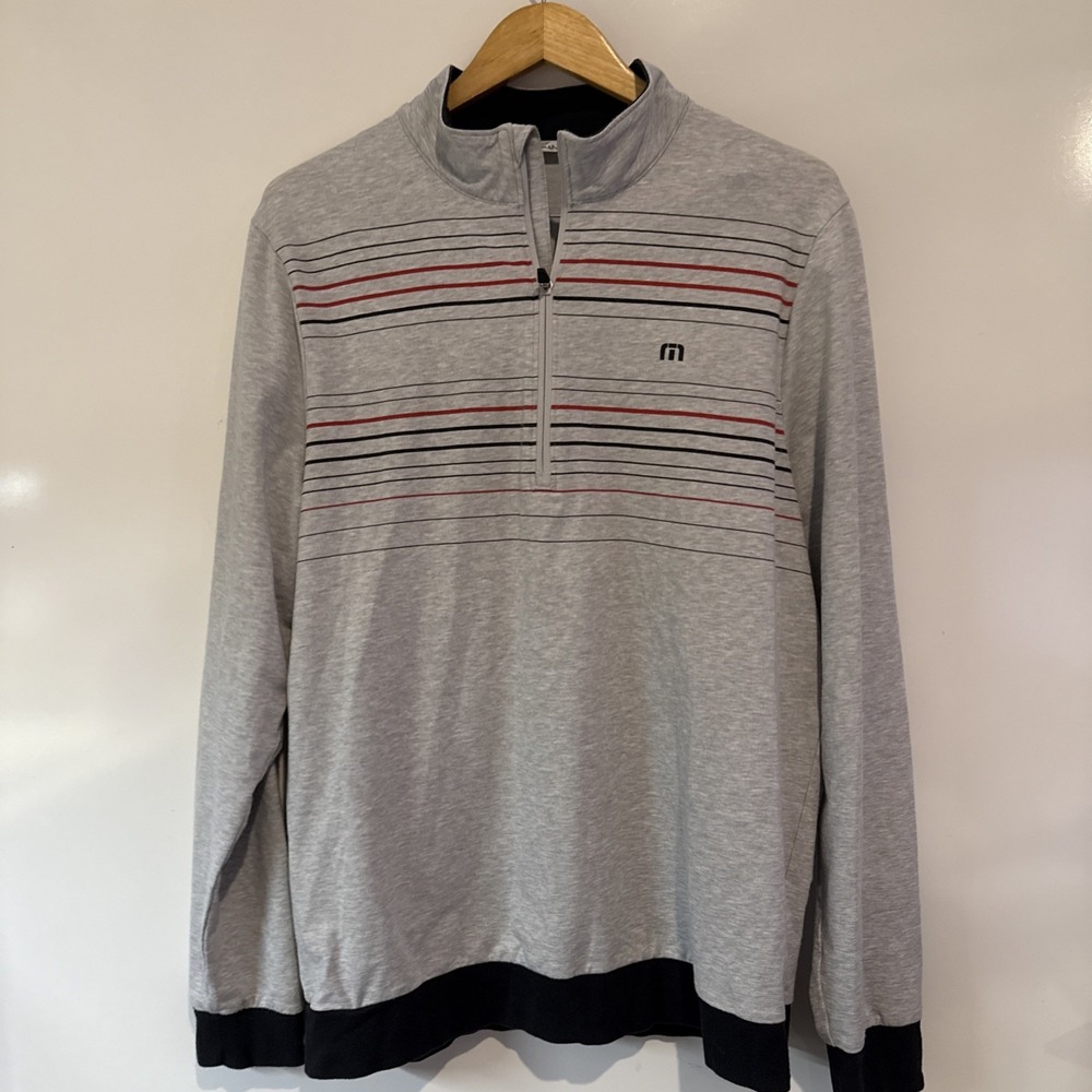 Travis Mathew T Shirt Mens Large Gray Long Sleeve Mock Stripe Pima